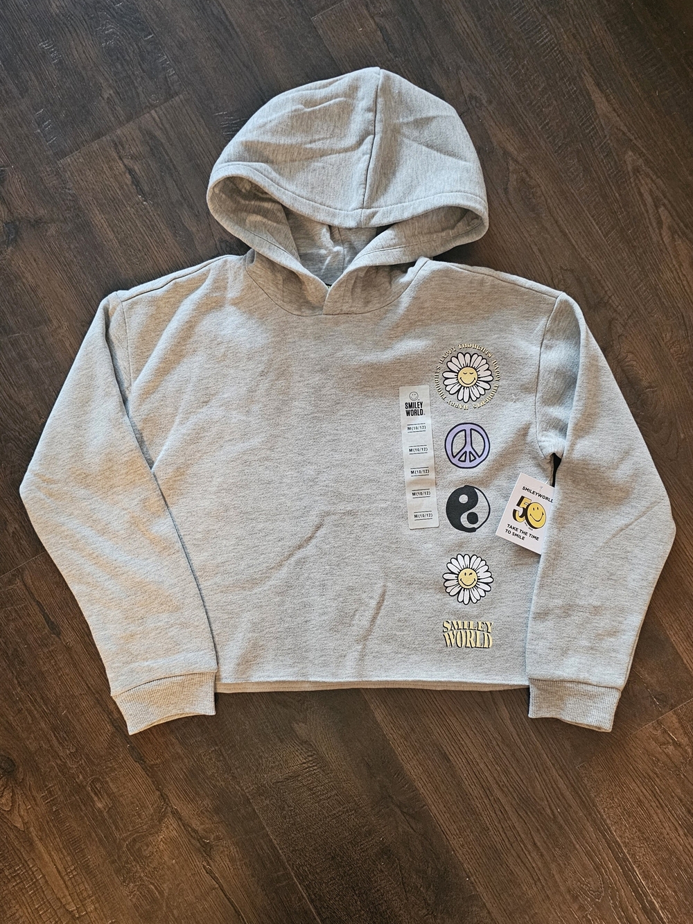 NWT Smiley World Girls Hoodie, M (8/10), Grey Flowers Smiley Face